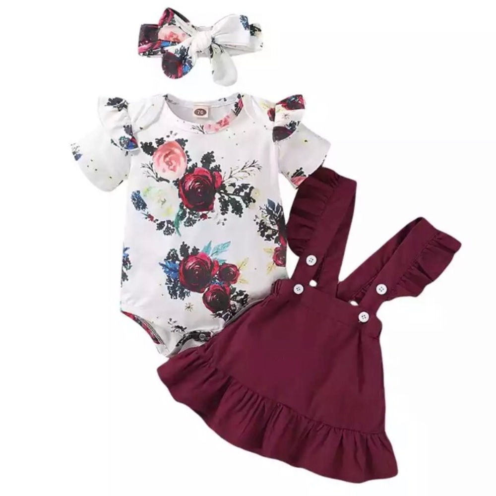 Girls Red Wine Floral Three Piece Dress Outfit